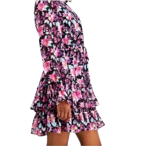 Bar Ill Purple Pink & Black Floral Ruffled Hem Mini Dress Large - Picture 3 of 11